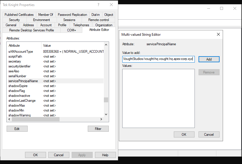 User Attribute Editor in ADUC showing servicePrincipalName value being added